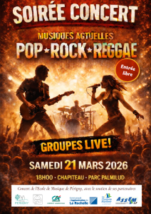 affiche du concert du 21 mars 2026 musiques actuelles POP ROCK REGGAE en live, groupes de musique de l'école